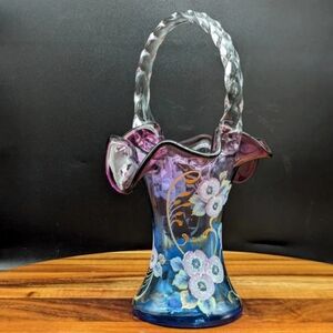 Elegant Floral Glass Fenton Vase Basket Signed Collectors Limited Edition